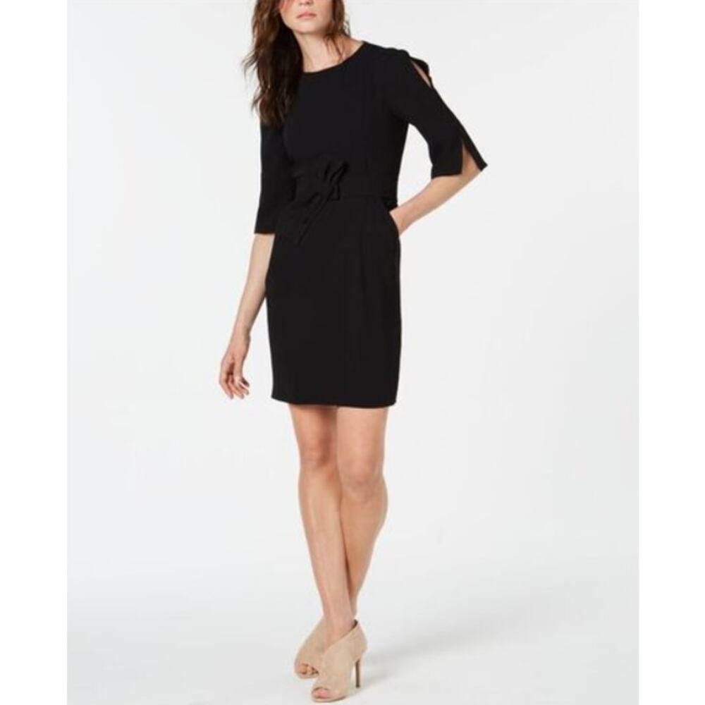 Marella Black Sheath Dress Belted 3/4 Sleeve Open Bell Sleeve Work Dress